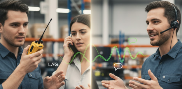 Visualisation illustrant le décalage en semi-duplex par rapport à une communication claire et instantanée en duplex intégral.