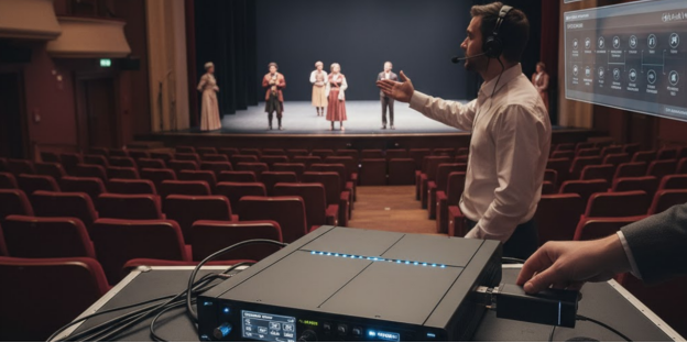 Un metteur en scène utilise un système d'interphone professionnel pendant une répétition théâtrale.