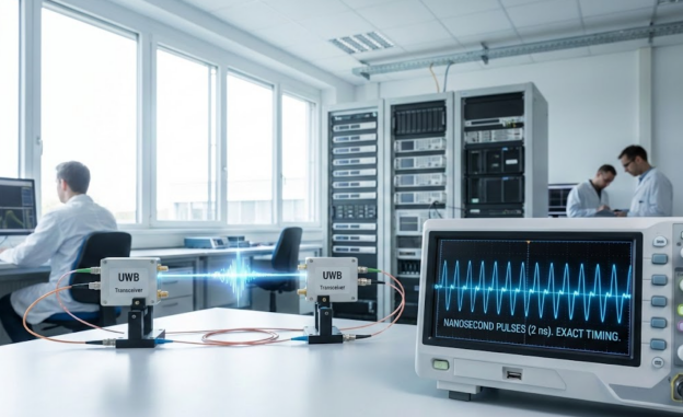 Visualisation de laboratoire UWB de haute technologie montrant la synchronisation des impulsions à la nanoseconde.