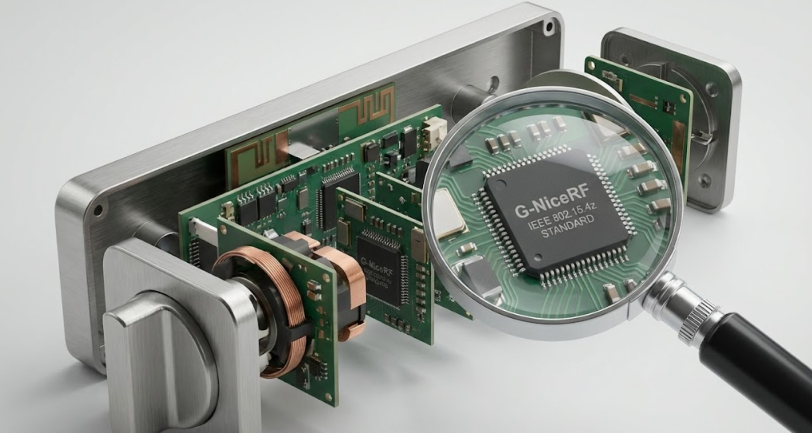 Vue éclatée des composants de la serrure intelligente UWB et de la puce IEEE.