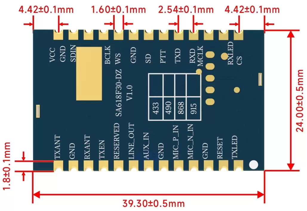 Dimensions mécaniques du module audio sans fil SA618F30-DZ