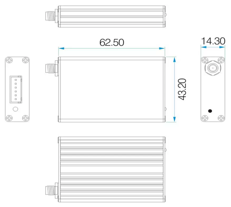Dimensions mécaniques du modem RF sans fil longue portée SV652 dans un boîtier en aluminium.