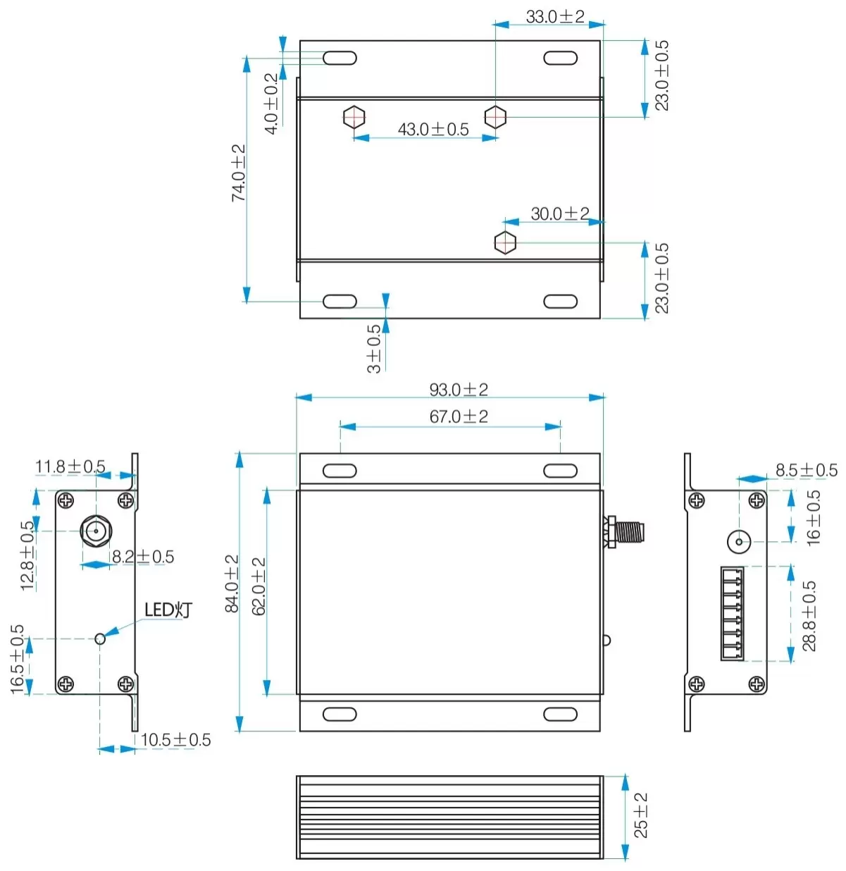 Dimensions mécaniques du modem RF industriel 3 W SV6300