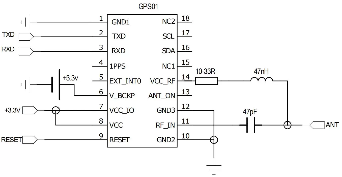 Schéma de connexion du circuit d'application de l'antenne active du module GPS GPS01