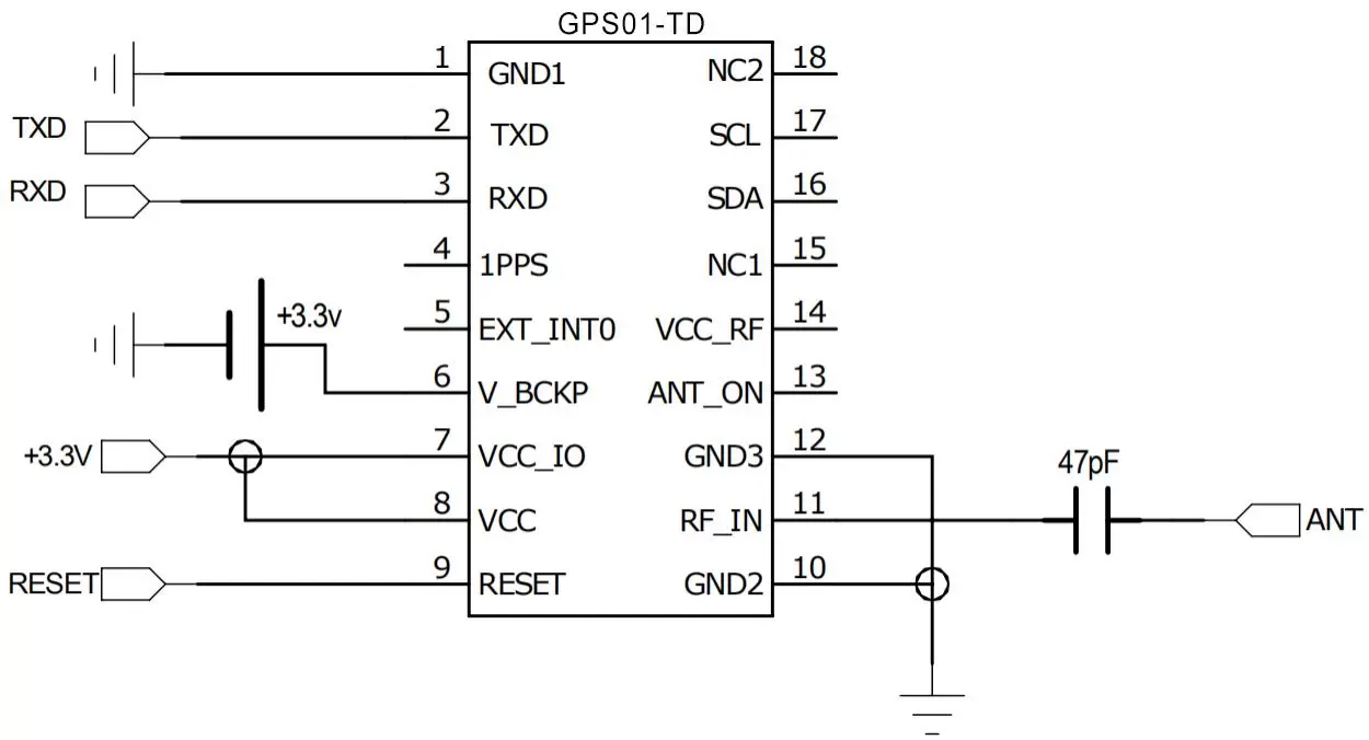 Schéma de connexion du circuit d'application du module GPS GPS01-ZK antenne passive