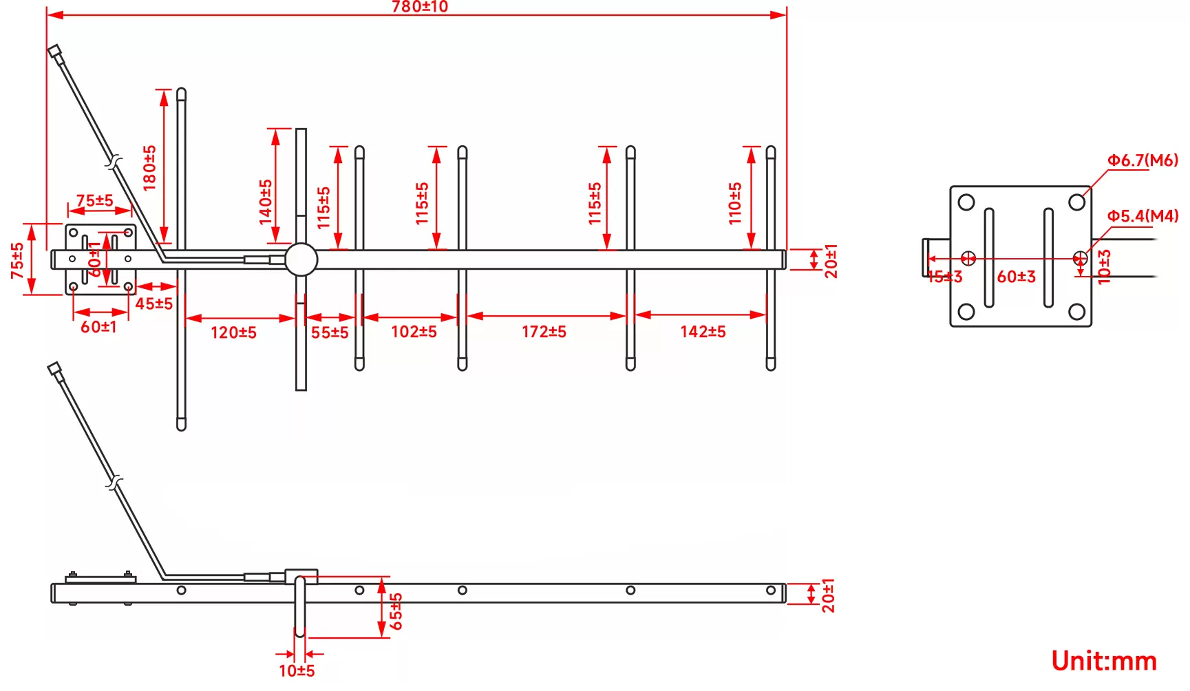Dimensions de l'antenne Yagi directionnelle à gain élevé 433 MHz SW433-BM-02
