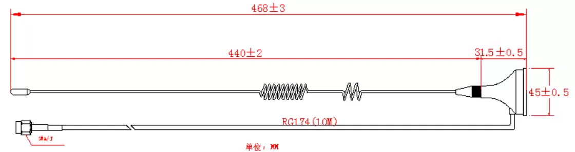Dimensions de l'antenne ventouse 433 MHz SW433-LXP-10M